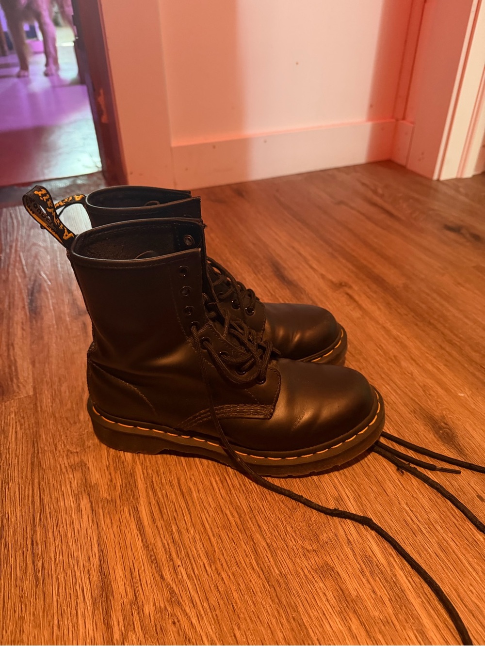 Dr. Martens Black Leather Lace-Up Boots with Yellow Welt Stitching